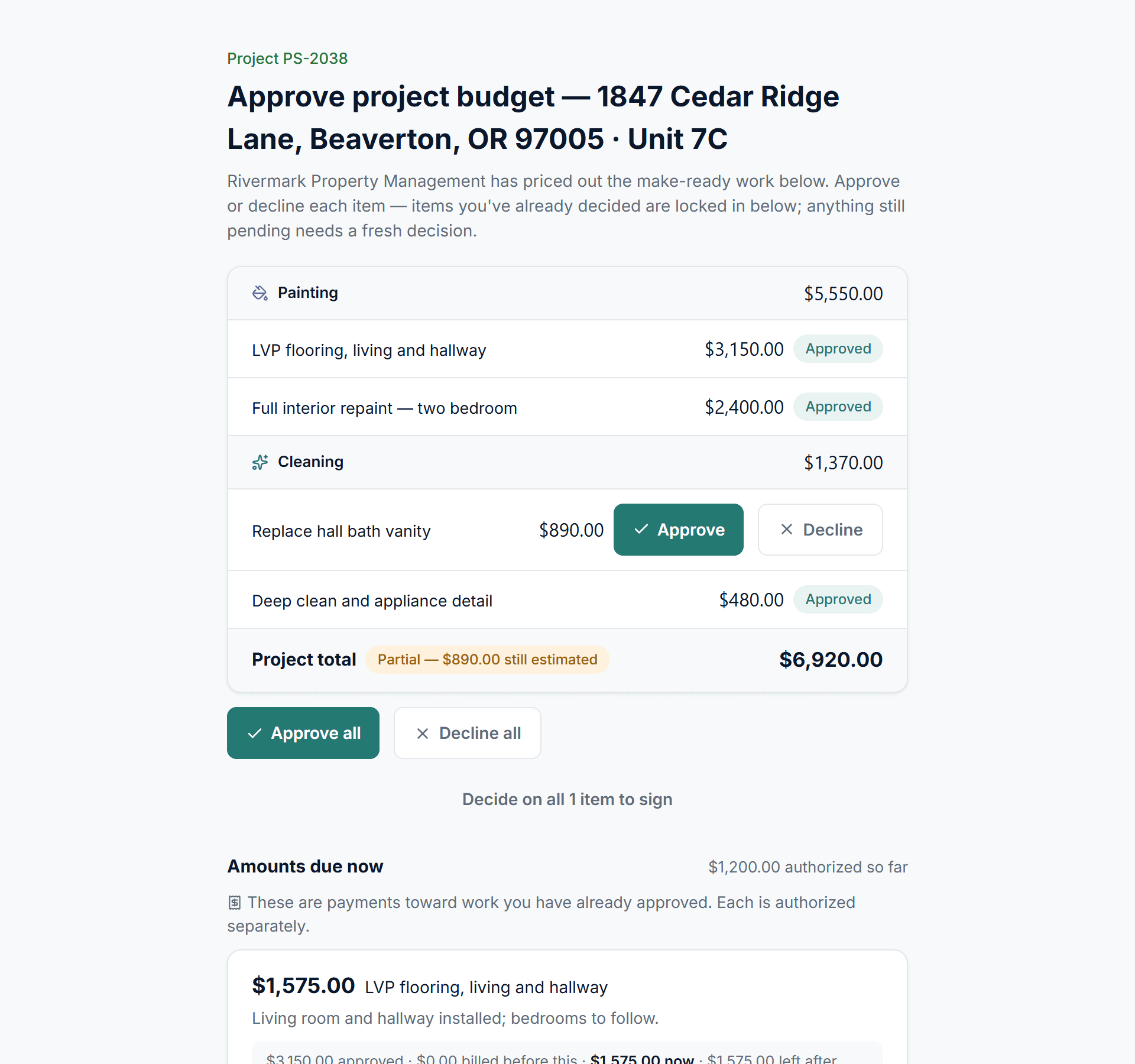 Property Stride's owner approval page: line items grouped by trade with approved badges, one item awaiting a decision, a project total, and a progress bill showing approved, billed, this bill and remaining.